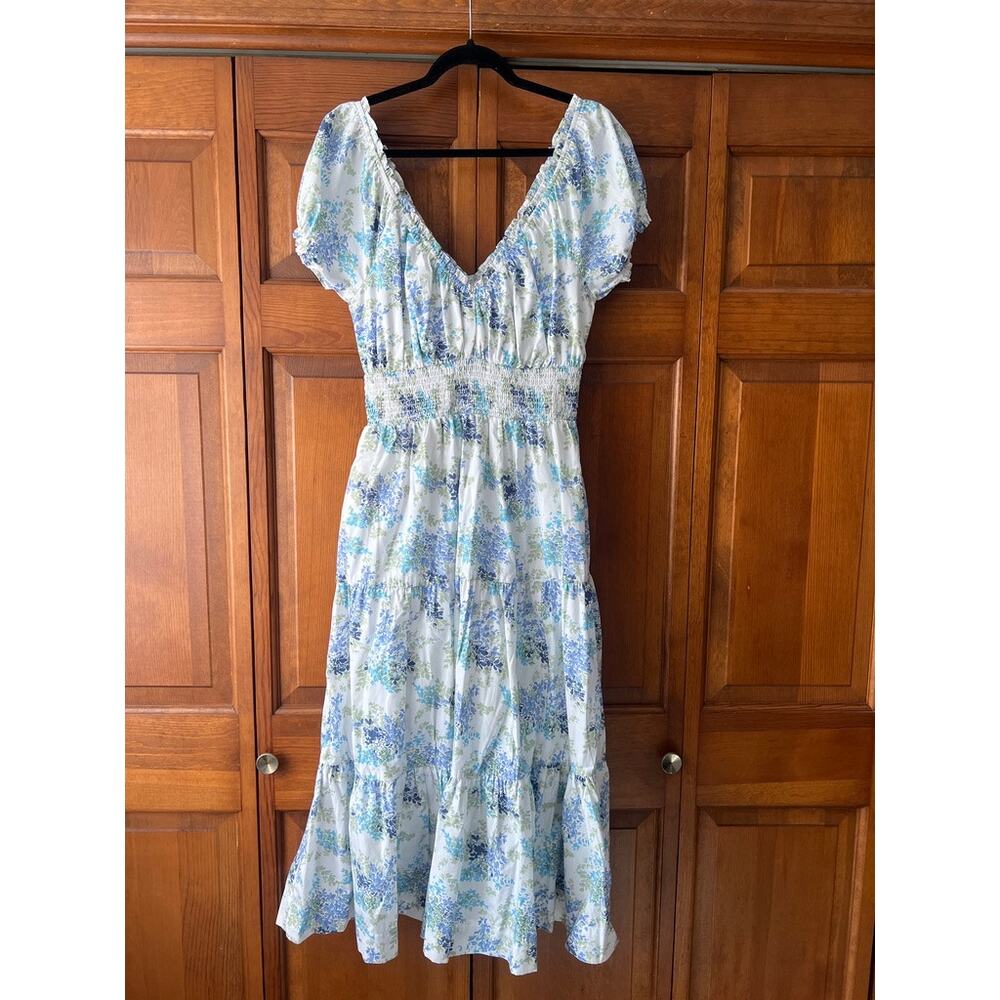 Abercrombie & Fitch Women's Blue Floral Smocked Puff Sleeve Midi Dress Size LT - Picture 2 of 11